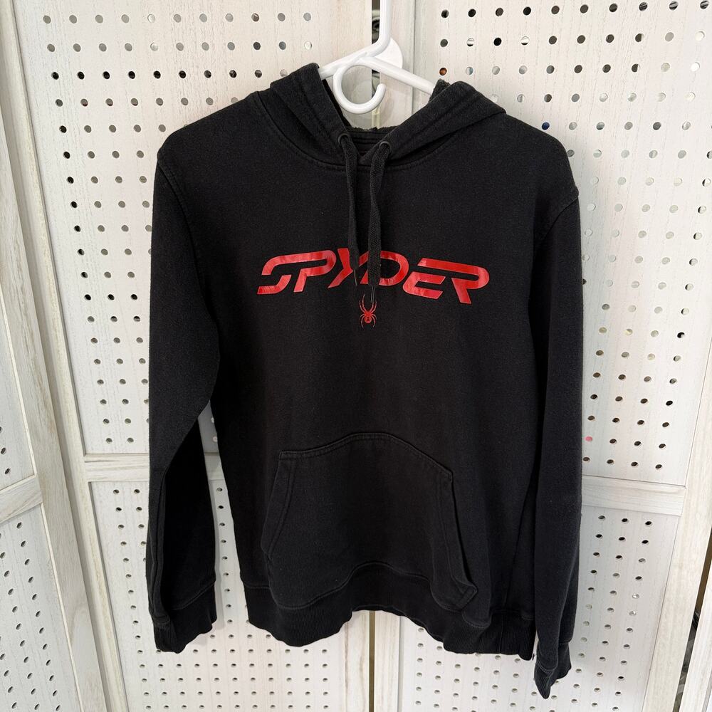 Spyder Logo Hoodie Men's Small Black Red Pullover Sweatshirt